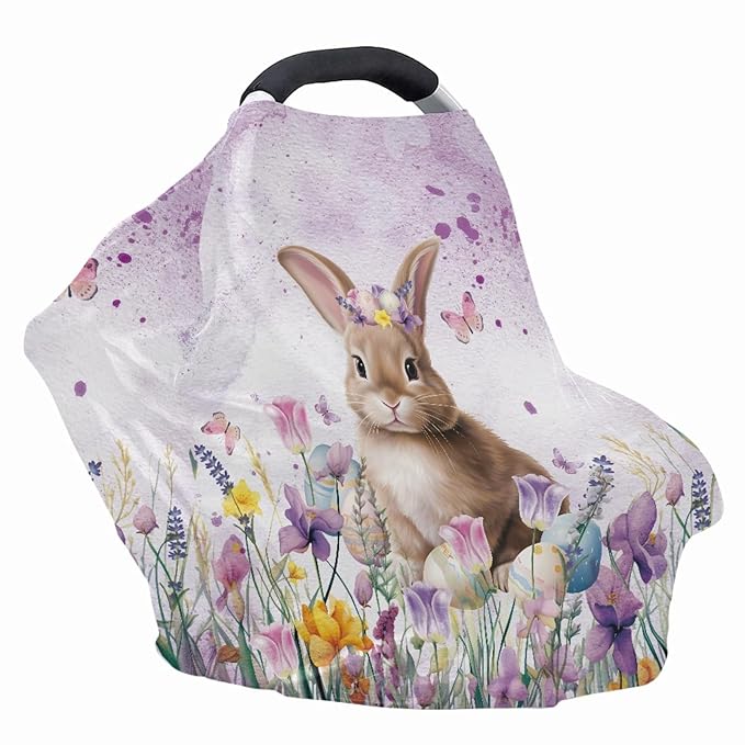 Easter Bunny Print Car Seat Canopy for Girls,Lovely Soft Nursing Cover Easter Theme Washable Breastfeeding Scarf for Family