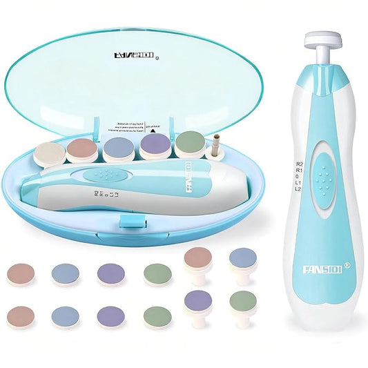 Fansidi Upgraded Baby Nail Trimmer Electric | Easy & Safe Baby Nail File, Precise 4-Stage Gentle Nail Buffer + Nail Clippers for Newborn to Toddler, with 18 Grinding Heads & Soft LED Light, Blue