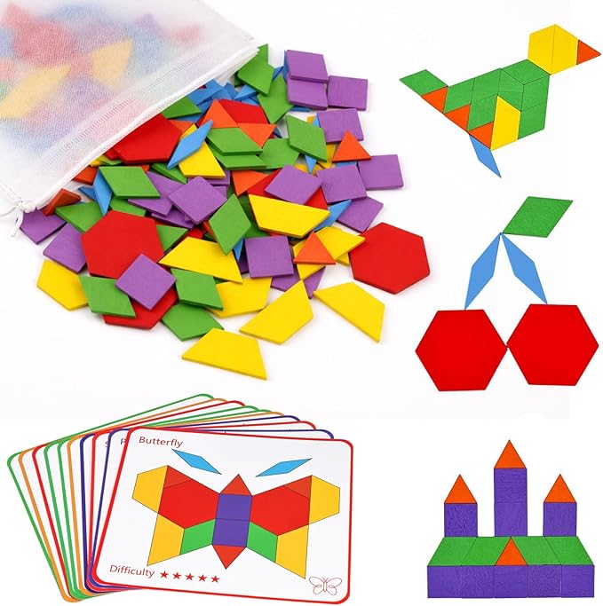 LovesTown Wooden Pattern Blocks Set for Kids, Geometric Shapes with Learning Cards, 150 PCS Educational Puzzle Toy