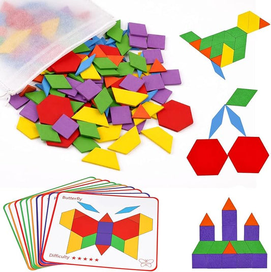 LovesTown Wooden Pattern Blocks Set for Kids, Geometric Shapes with Learning Cards, 150 PCS Educational Puzzle Toy