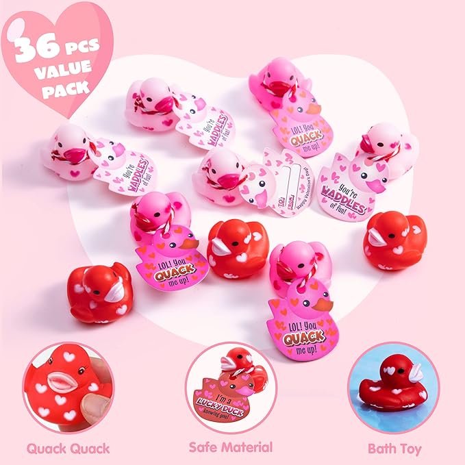 JOYIN 36 Pcs Valentine's Day Mini Rubber Duck With Gift Cards, 1.1 Inches Small Duckies With Card Tags, Bath Toys for Classroom Exchange Prizes, Party Favors