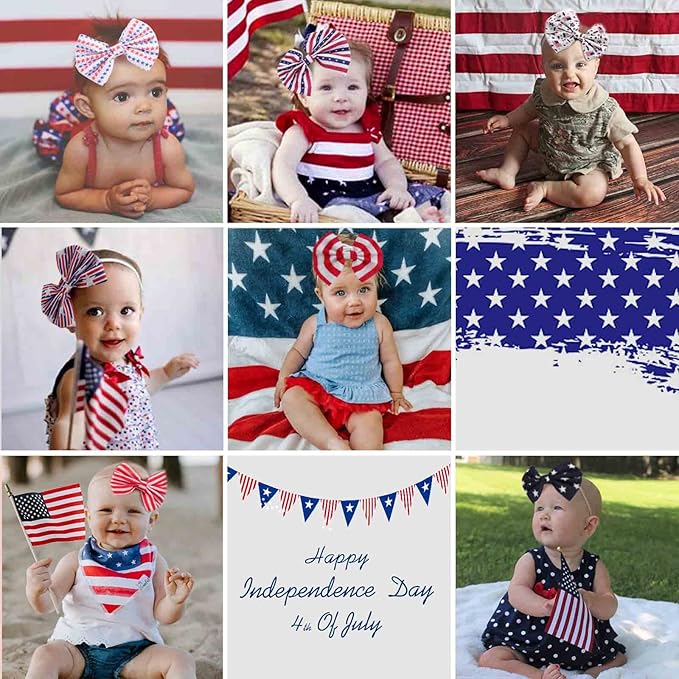 4th of July America Flag Baby Headbands Cheer Bow, Baby Girls Red White Blue Star Spangled Patriotic Hair Bow for Newborns Toddlers Small Children,3 Pcs (America Flag-C)