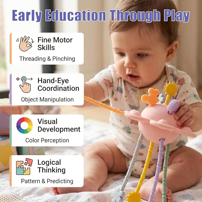 Silicone Baby Sensory Pull String Toy for 18+ Months, Montessori Toys for Toddlers, Sensory Activity Travel Toy for Airplane Car Seat Stroller, Fine Motor Skills Early Learning Gift (Light Pink)