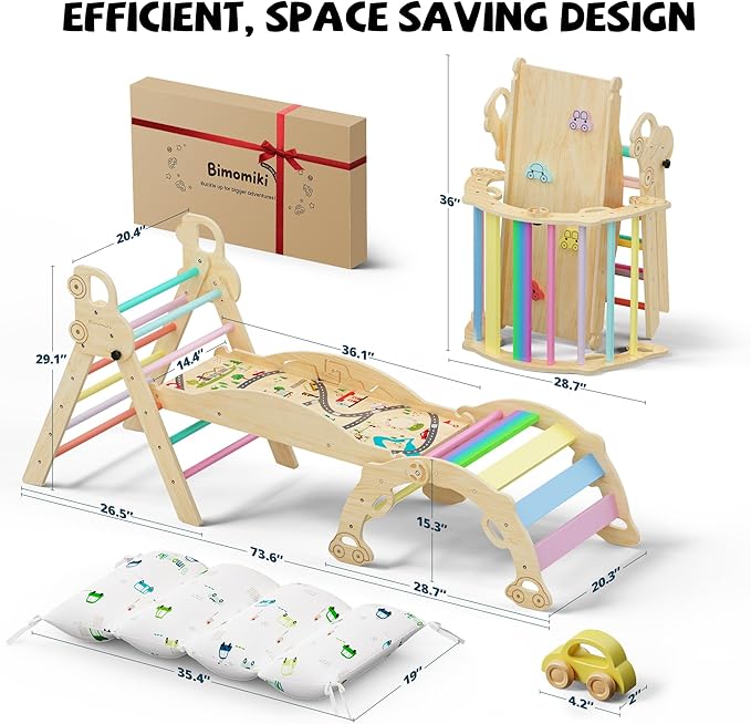 Pikler Triangle Climbing Set with Cushion, Foldable Climbing Toys Indoor, Montessori Toddler Gym, 10-in-1 Climber & Playground, Gift for Christmas, Birthday, New Year (Rainbow Valley)