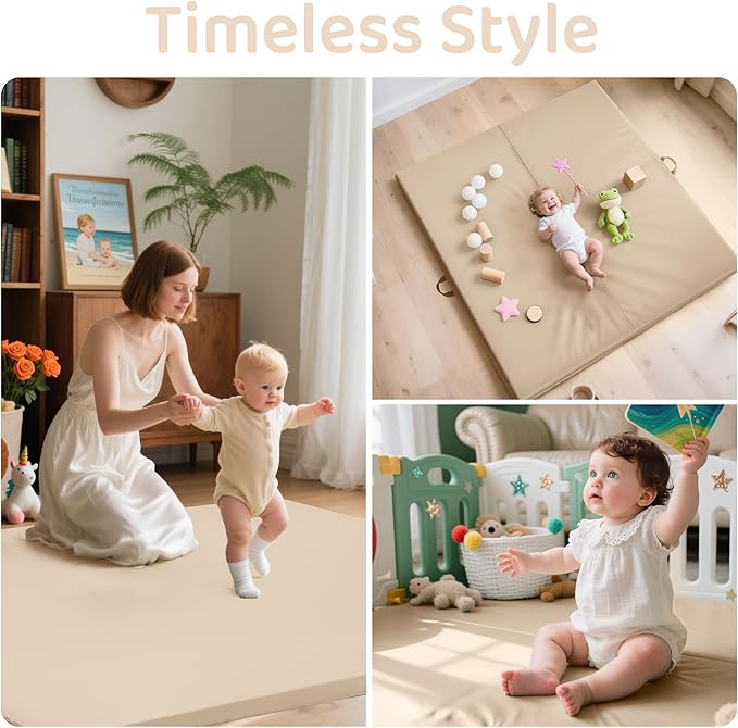 Bella's Friends Foldable Baby Play Mat for Floor, 50"x50" Vegan Leather Playpen Mat, 1.2" Extra Thick Foam, Non-Toxic, Wipe-Clean, Travel-Ready, Non-Slip Crawling Mat for Kids Toddlers&Infants, Beige