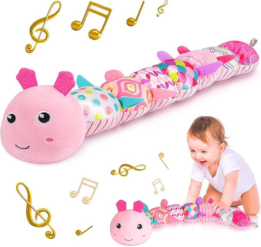 Sumobaby Infant Baby Musical Stuffed Animal Activity Soft Toys with Multi-Sensory Crinkle, Rattle and Textures, for Tummy Time Newborn 0-3-6-12 Months Girls, Caterpillar, Pink