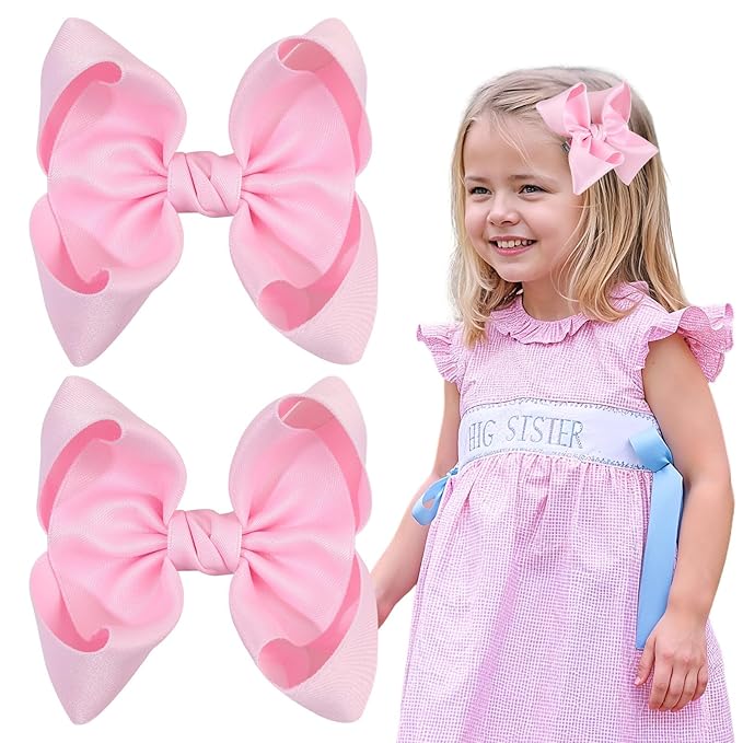 OAOLEER 2PCS 3.5inch Hair Bows for Girls，Pink Stain Ribbon Hair Bows Alligator Clips Hair Accessories for Back To School Teen Toddler Girls Kids (Pink)