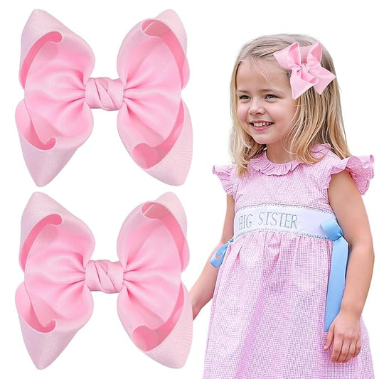 OAOLEER 2PCS 3.5inch Hair Bows for Girls，Pink Stain Ribbon Hair Bows Alligator Clips Hair Accessories for Back To School Teen Toddler Girls Kids (Pink)