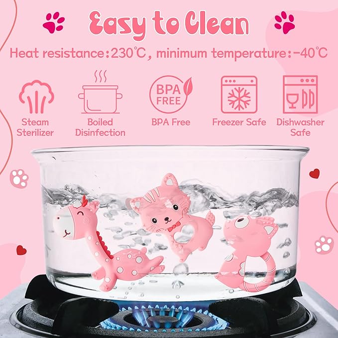 Valentine Silicone Teether for Babies - 2ooya 3Pcs Pink Cat Fox Giraffe Infant Teething Chew Toys, Easy to Grasp Toddler Sore Gums Pain Relief Toy for Newborn Boy Girl Baby Shower Valentine's Day Gift