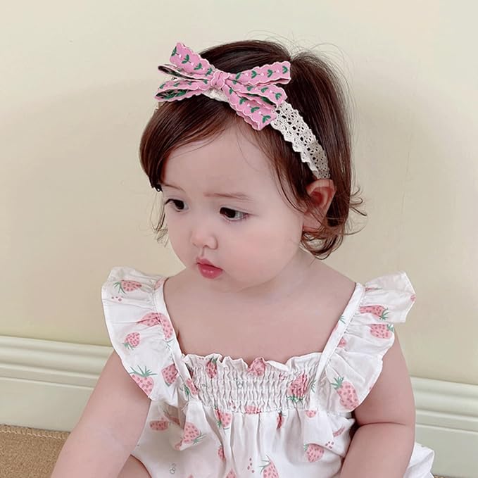 Baby Girls Hairbands Bow Lace Headband Handmade Soft Stretchy Pink Bowknot Hairbands Newborn Hairband with Bows Elastic Hair Bands for Kids Infant(Rose Red Bow