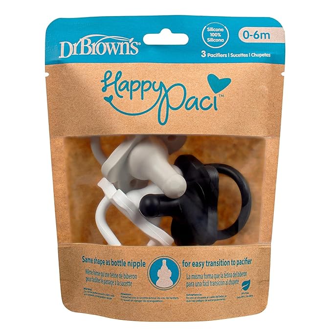Dr. Brown's HappyPaci 100% Silicone Pacifier 0-6m, BPA Free, Black, Cool Gray, White, 3 Pack and Pacifier and Bottle Wipes, 40 Count