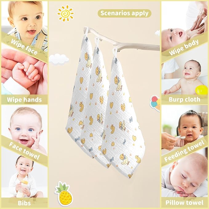 vvfelixl Baby Muslin Washcloths Duck with Ribbon Baby Burp Cloths Cotton Babys Face Towel for Newborn Infants Boys Girls Soft and Absorbent 11.8 X 11.8 in, 3 Pack