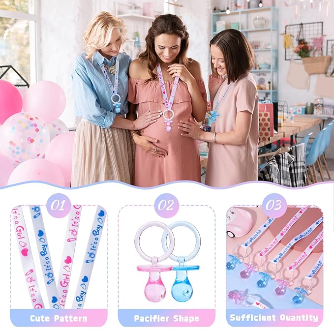 72 Acrylic Pacifier Necklace for Baby Shower Boys & Girls Party Favors, Gender Reveal Party Table Scatter/Necklace Game (Blue & Pink)