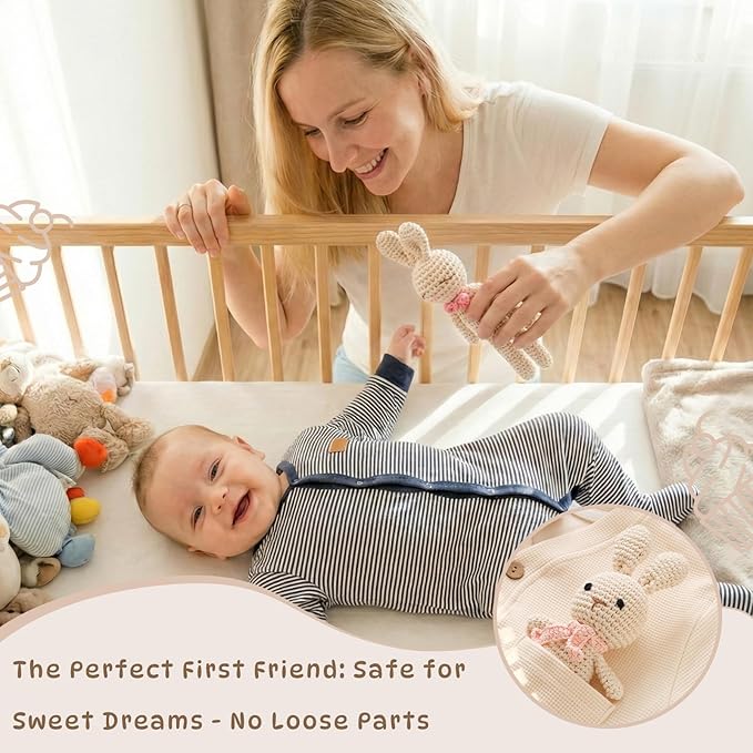 Moyii Handmade Crochet Bunny Baby Rattle - Soft Cotton Amigurumi Sensory Shaker Toy for Newborns & Infants - Easy Grip Lovey Sleep Toy & Neutral Nursery Decor Shower Gift
