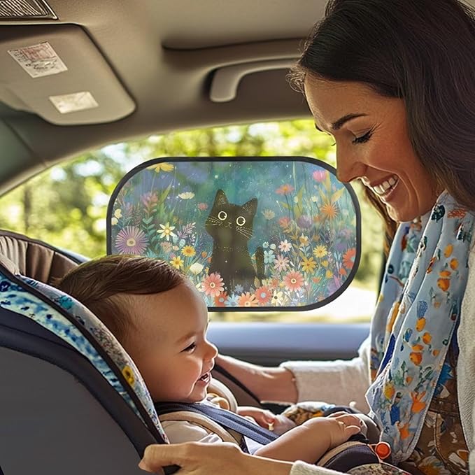 Bulopur Floral Black Cat Window Shades for Car 2 Pack Side Windshield Sun Shade UV Protection Breathable Car Sunshade Side Window Universal Auto Interior Accessories