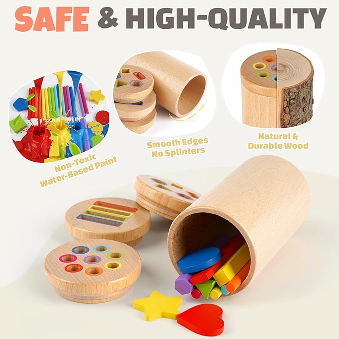 DINORUN Wooden Montessori Toddler Toys - 3 in 1 Sensory Toys for Color Shape Matching, Learning Fine Motor Skills, Educational Toys for Toddlers 1-3, Travel Toys for Boys Girls Gifts