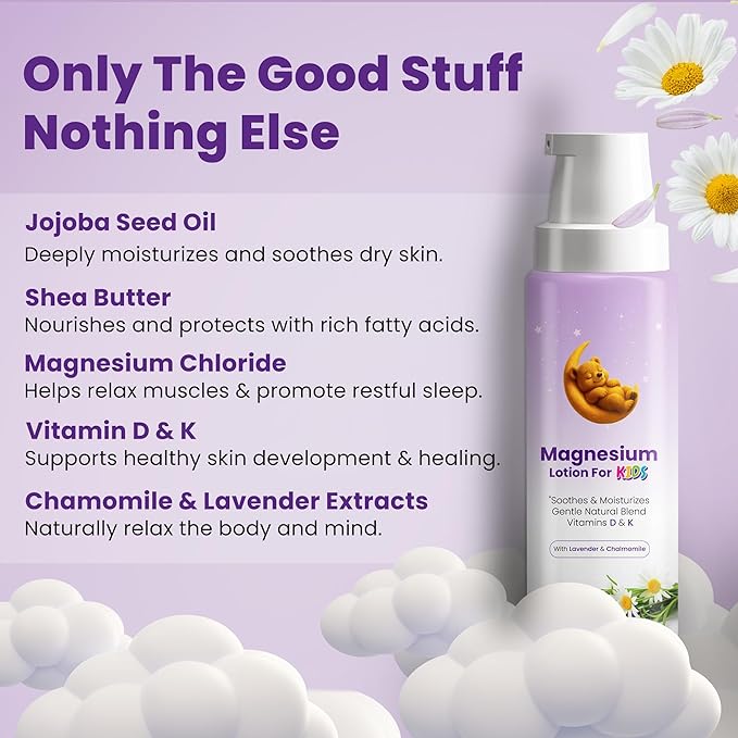Magnesium Lotion for Kids | Magnesium Lotion for Sleep Bedtime Relaxation & Peaceful Nights | Calming Moisturizer with Lavender, Chamomile & Vitamins D & K | Hydrates and Soothing Relief
