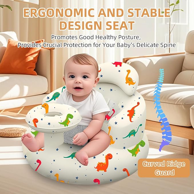 Inflatable Baby Seat with Tray, Blow up Infant Chair for Babies 3 Months and up, Comfortable Baby Floor Seats for Sitting Up, Built in Air Pump with Back Support Toddler Waterproof Sofa (Dinosaur)