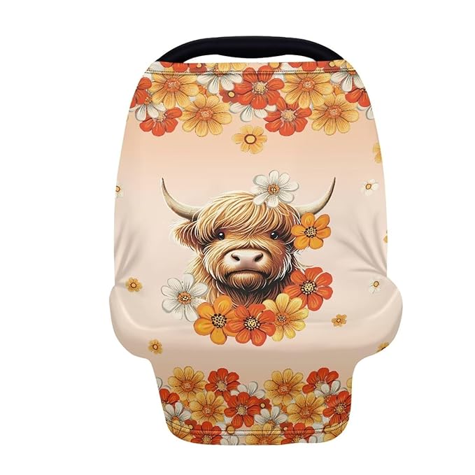 AFPANQZ Highland Cow Baby Car Seat Cover Canopy and Nursing Cover Infant Car Canopy Spring Autumn Winter Snug Warm Breathable Windproof Open Peep Top