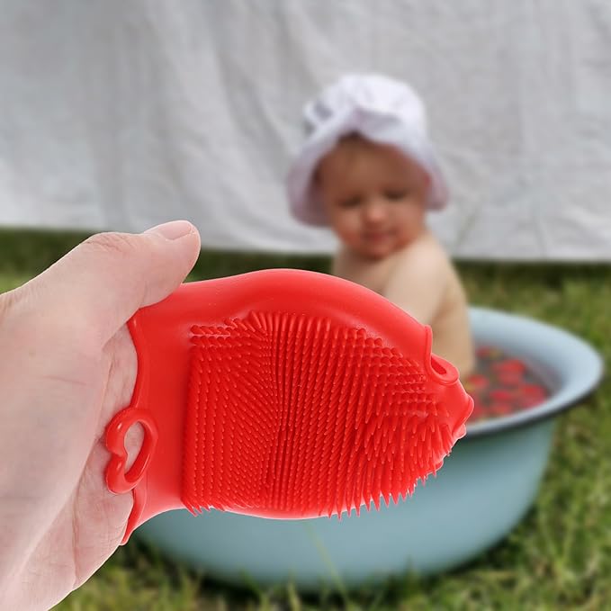 FRCOLOR Baby Head Scrubber Soft Silicone Baby Bath Scalp Brush Massage Flower Shape Cap Essential for Dry Brush Skin Scrubbers Red