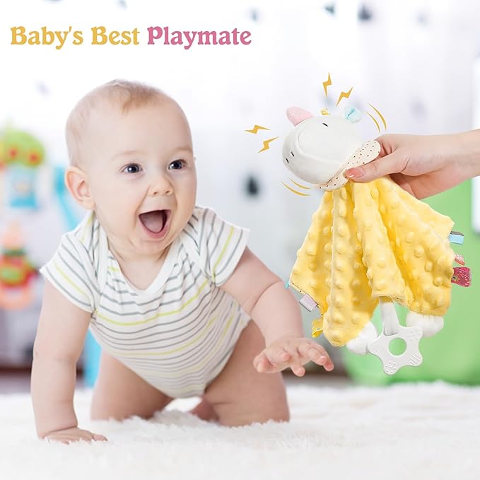 Zooawa Loveys for Babies, Security Blanket Soft Stuffed Animal Lovey Unisex Lovie Baby Stuff Snuggle Blanket with Tags Teether Bells, Soothing Plush Toys Baby Gift for Newborn, Yellow Unicorn