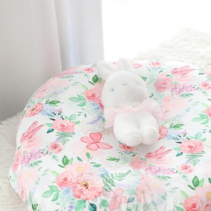 Newborn Lounger Cover for Girls Boys, Removable Soft Baby Lounger Cover, Reversible Infant Lounger Cover Minky, Pink Floral & Butterfly (Only Cover)