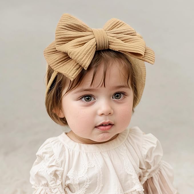 Baby Girl Soft Nylon Bow Elastic Headband Turban Toddler Infant Bow-knot Stretchy Hair Band Birthday Party Hair Bow Ribbon Accessories for Newborn Baby (Bow 2 - Light brown, Elastic)