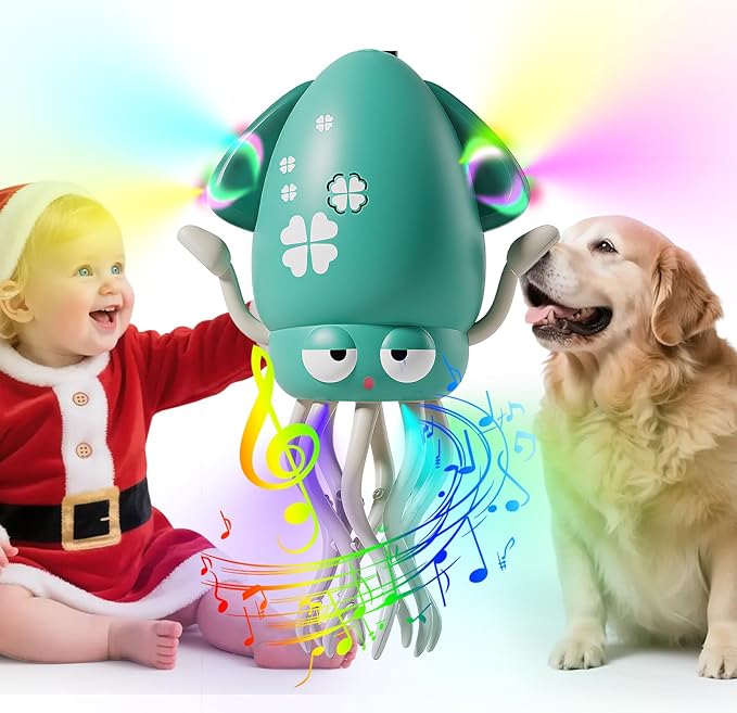 SANJOIN Dancing Octopus Baby Toy,Easter Basket Stuffers Gitfs Rechargeable Tummy Time Toys Wiggling Crawling Squid Toy for 3 4 5 6 7 8 9 10 Kids Boy Girl,Electric Musical Toys Birthday Gifts,Green
