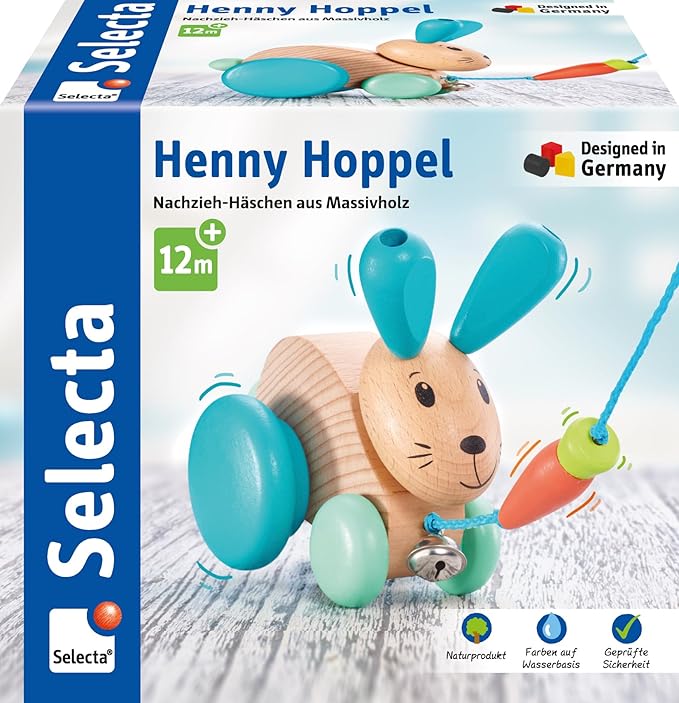 Selecta 62100 Henny Hoppel Pull Along Rabbit Wooden Push and Pull Toy 13 cm