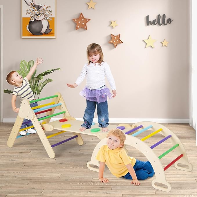 Olakids Pikler Triangle Set 7 in 1 Climbing Toys for Toddlers 1-3 Inside Foldable Wood Montessori Jungle Gym with Ramp Ladder Arch Slide Baby Climber Indoor Playground