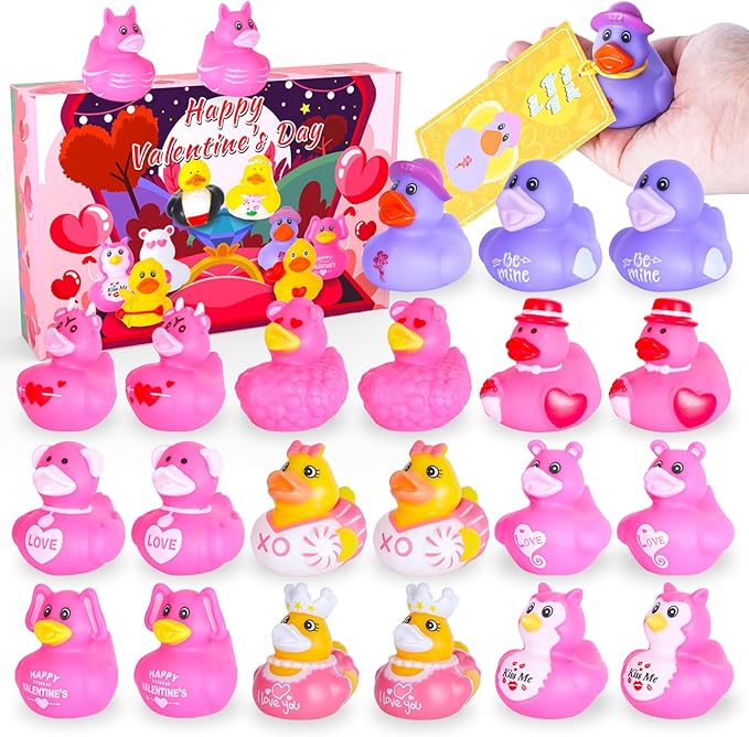 24PCS Pink Rubber Ducks with Cards and Bands - Cute Mini Ducks for Birthday Parties, Baby Showers, and Cruise Ship Fun | Assorted Designs for Kids
