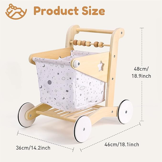 Woodtoe Wooden Baby Walker Doll Stroller, Adjustable Speed Shopping Cart for Toddlers 1-3, Baby Push Walker, Pretend Play Grocery Wagon, Baby Push Toys, Montessori Birthday Toy Gift for 1 2 3 Year Old