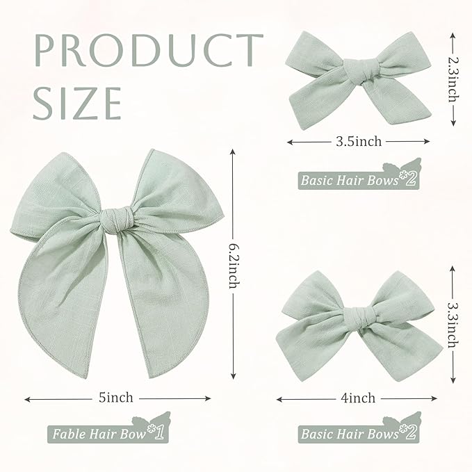 YHXX YLEN 5PCS Green Cotton Linen Hair Bows for Girls Handmade Alligator Clip Hair Accessories for Babies Infant Toddlers Kids(5inch×1, 4inch×2, 3.5inch×2)