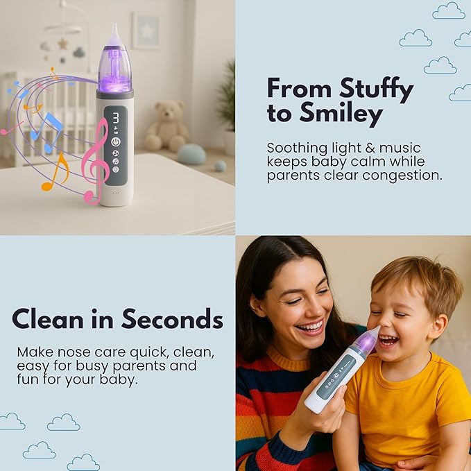 Electric Nasal Aspirator for Babies - HSA Baby Eligible Products - FSA Baby Eligible Items Only Gentle Electric Nose Suction for Baby - Adjustable Suction - Soft Silicone Tips - USB Rechargeable