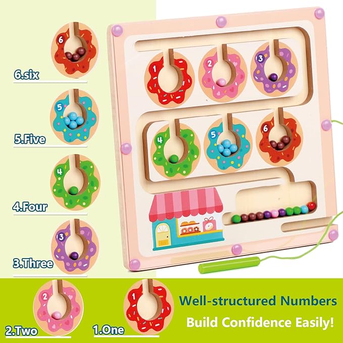 QimuMku Montessori Busy Board for Toddlers 2-4 Magnetic Color and Number Maze Wooden Donut Matching Game 1–6 Counting Learning Toys for Boys Girls Road Trip Essentials