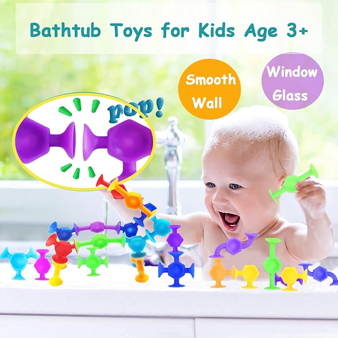 114pcs Suction Cup Bath Toys for Kids, Travel Essentials for Toddlers, Classroom Fidget Sensory Montessori Toy for 2-4, Stocking Stuffers Bathtub Toys for Ages 3-8 Boys Girls Autism