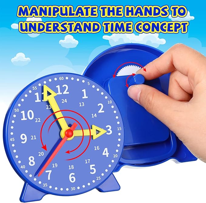 Batiyeer 24 Pcs Teaching Clock Kit for Kids to Tell Time Teaching Mini Geared Clock for Kids Basic Math Development Teacher and Classroom Supplies, 4 Inch(Dark Blue, Yellow, Pink, Sky Blue)