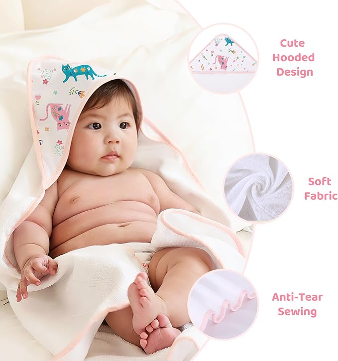 Mooreeke Baby Towel with Hood for Girls Pink Cat Flower Bath Towel for Babies Ultra Soft Absorbent 3 PCS Baby Towels and 3 PCS Washcloths for Newborn Essentials