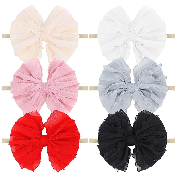 YanJie Baby Girl Bows Nylon Lace Baby Headbands Handmade Soft Elastics Newborn Bows Ruffled Big Bow Hair Accessories for Infant Baby Toddlers Girls Black White Beige Red Pink Blue