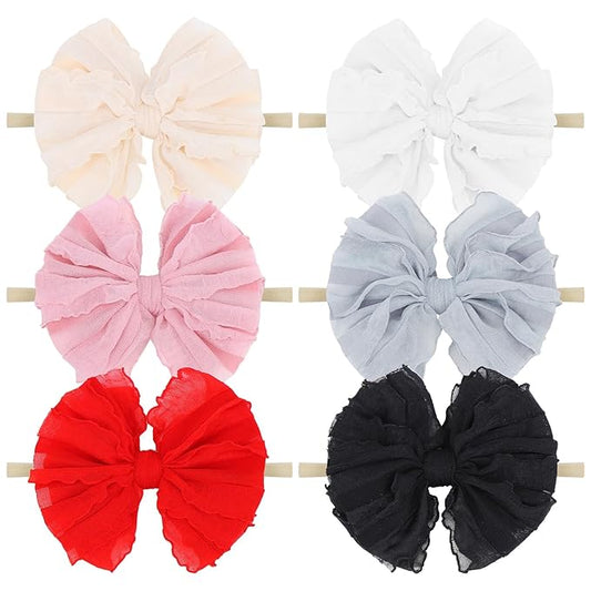 YanJie Baby Girl Bows Nylon Lace Baby Headbands Handmade Soft Elastics Newborn Bows Ruffled Big Bow Hair Accessories for Infant Baby Toddlers Girls Black White Beige Red Pink Blue