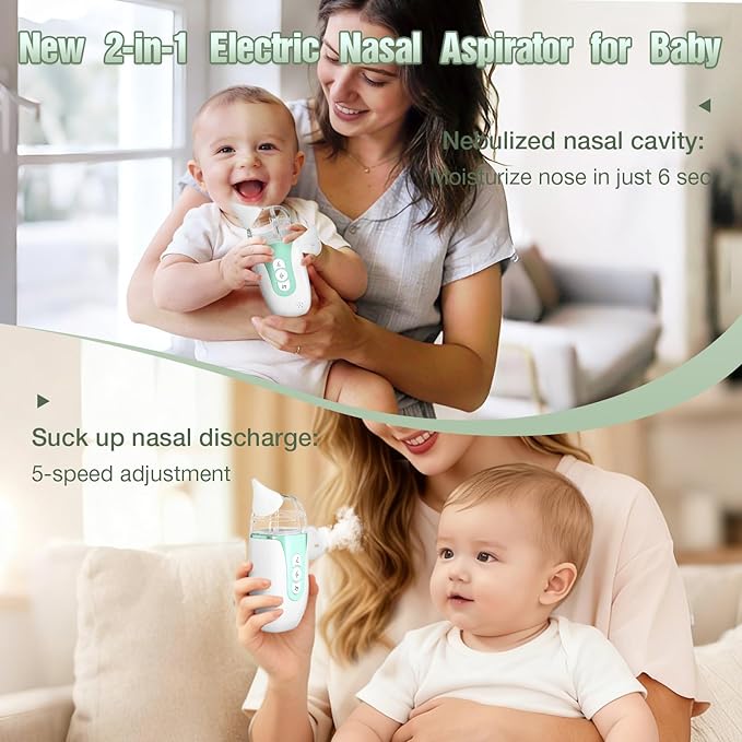 Smart Baby Nasal Aspirator, Household 2-in-1 Electric Nose Sucker with 5-Level Suction, Soothing Music, 2 Silicone Tips, USB-C Charge, Storage Case, Baby Nose Aspirator Gift (Mint Green)