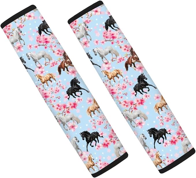 AFPANQZ Horse Cherry Blossoms 2 Pack Car Seat Belt Pads Covers Harness Universal Fit Cute Safety Seatbelt Comfortable Pads Cushion for Adults Kids Non-Slip Shoulder Straps