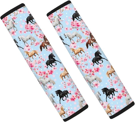 AFPANQZ Horse Cherry Blossoms 2 Pack Car Seat Belt Pads Covers Harness Universal Fit Cute Safety Seatbelt Comfortable Pads Cushion for Adults Kids Non-Slip Shoulder Straps