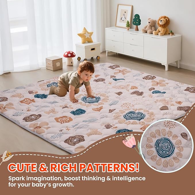 Baby Play Mat for Floor,71x59 Inch Soft Padding Crawling Mat for Playpen, Foldable and Machine Washable, Thick for Babies & Toddlers,Boho Flower