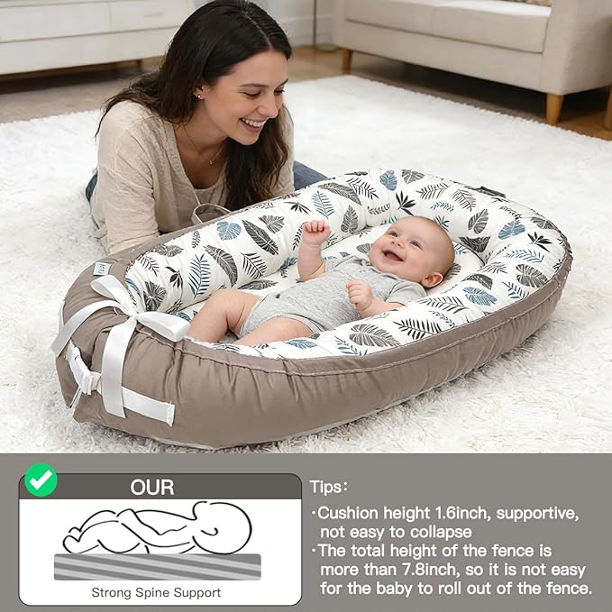 Infant Support Cushion | Baby Support Cushion for Newborn | Reversible, Adjustable & Portable Tummy Time Mat for Home and Travel | Soft, Breathable, Washable Cover | Grey Leaves