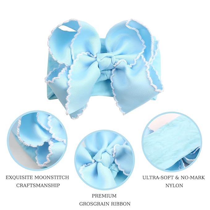 6'' Jumbo Blue Baby Girls Bow Headbands, Handmade Grosgrain Moonstitch Boutique Baby Headwraps, Super Stretchy Soft Nylon Headbands for Newborns, Infants & Toddlers