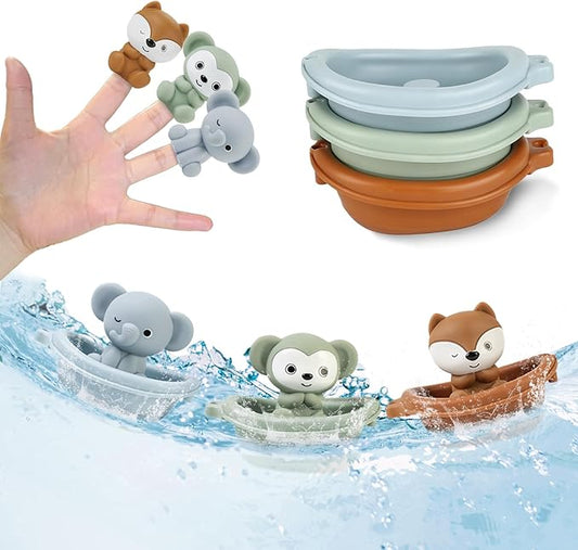 Baby Bath Toy Stackable Infant Bathtub Toys Stacking Floating Boat Train with Animal Finger Puppets Bath Toy Silicone Hand Puppet Educational Beach Toys for Babies Toddlers Party Favors