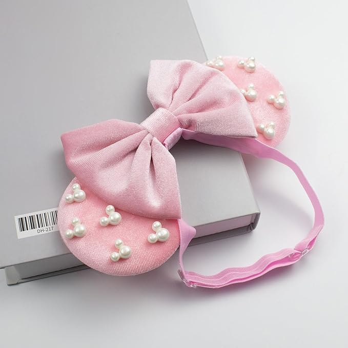 JIAHANG Mouse Ear Hair Bow Headband with Beadings, Adjustable Velvet Hair Bow Hair Band, Fashion Headwear for Newborn Toddlers, Kids