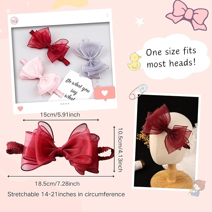 Cute Lace Bow Baby Girls Headbands Large Knot Hair Band Soft Chiffon Hairband Elastic Shower Hair Accessories for Newborn Infant Toddler Kids (Red A, Elastic)