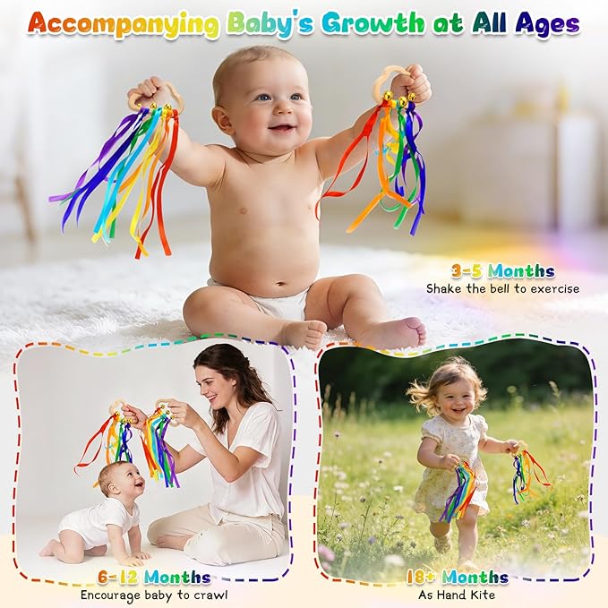 Baby Sensory Wooden Rattle Toys - 2PCS Rainbow Ribbon Ring Toys Wood Rattle Molar Circle Newborn Sensory Montessori Toy for Infant Babies Toddler